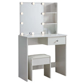 White Dressing Table with LED Mirror featuring bright lights and storage for a luxurious beauty station