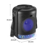 Portable bluetooth party speaker SP-816 with colorful lights and dimensions displayed.