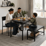 Family enjoying a meal at a dining table set with bench in a cozy living space, showcasing the dining table set with bench.