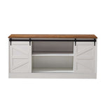 Farmhouse Sliding TV Stand with a rustic wood top and white sliding doors, perfect for media storage.