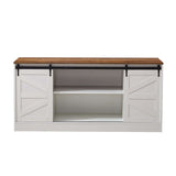 Farmhouse Sliding TV Stand with a rustic wood top and white sliding doors, perfect for media storage.