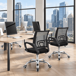 Three black BX002 ergonomic mesh office chairs around a shared office desk