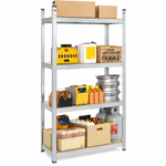 4-tier adjustable metal storage shelving unit with boxes and tools on white background