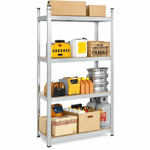4-tier adjustable metal storage shelving unit with boxes and tools on white background