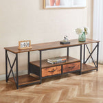 Rustic TV stand with storage shelves featuring fabric drawers and an industrial design in a stylish living room.