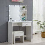 White Dressing Table with LED Mirror featuring a sleek design and bright lights for perfect makeup application.