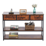 rustic 3 drawer console table with fabric drawers and open shelves styled with books and decorative items