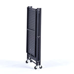 Mobile Kitchen Shelf folded and on wheels for easy transport and storage.