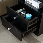 Drawers of a White Bedside Table with Drawers showcasing cosmetic products and a stylish design.