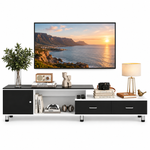 Black and white extendable TV stand with drawers and cabinet on a white background