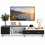Black and white extendable TV stand with drawers and cabinet on a white background