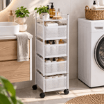Portable rolling storage cart with lockable wheels and durable iron frame for home organization.
