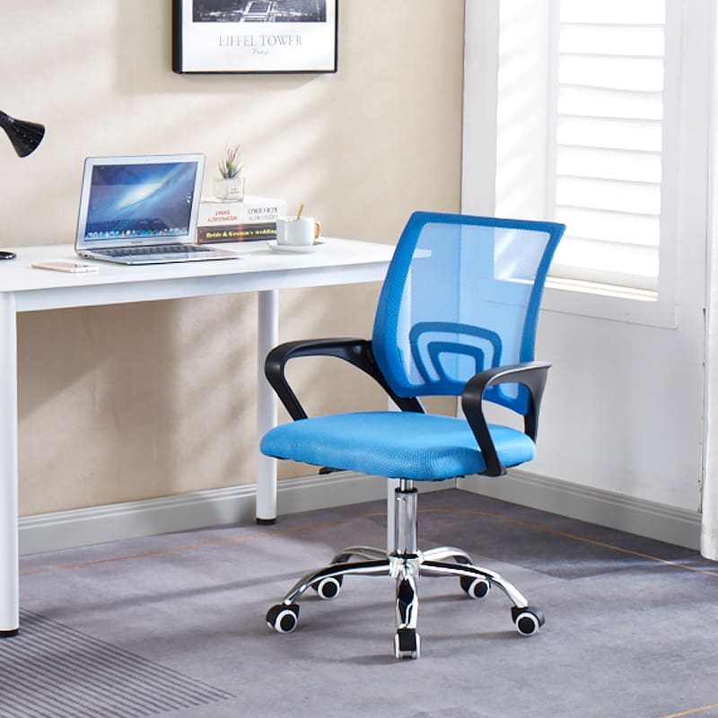Artisan navy blue mesh chair styled in a professional workspace.Ergonomic blue swivel chair with breathable mesh and high-resilience seat.