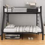 Front view of black triple sleeper bunk bed with upper single and lower double beds