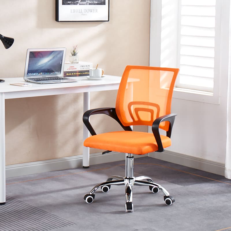 Bright orange Artisan office chair providing lumbar support and style.Artisan orange breathable mesh chair with chrome star base.
