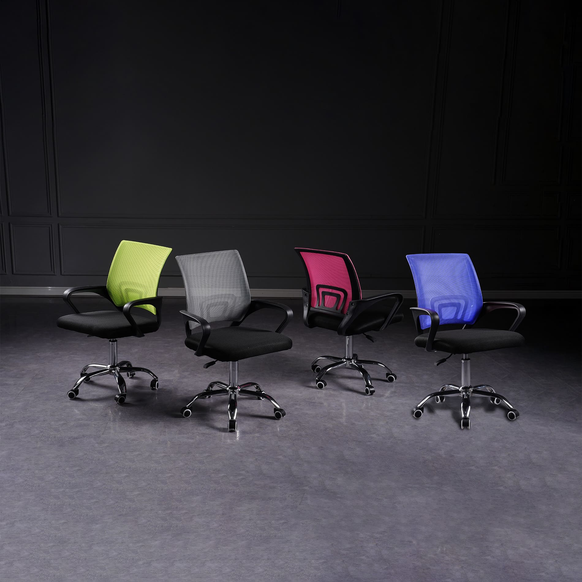 Artisan ergonomic mesh office chairs displayed in multiple colors: green, gray, pink, and blue with chrome base.Collection of Artisan mesh desk chairs available in 13 vibrant colors for home office decor.