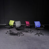 Artisan ergonomic mesh office chairs displayed in multiple colors: green, gray, pink, and blue with chrome base.Collection of Artisan mesh desk chairs available in 13 vibrant colors for home office decor.