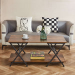 Bottom open storage shelf of industrial rustic coffee table organizing books