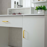 Artisansa DR-14 dressing table with mirror - white wooden vanity with gold handles, storage drawers and shelf decor