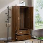 Wooden wardrobe with open doors in a room with a coat rack and chair. | Artisansa SA