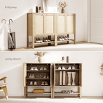 Boho Rattan Storage Cabinet in entryway and living room settings, showcasing organized storage with a stylish design.