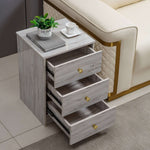 Modern 3-Drawer Side Table with stylish grey finish, gold accents, and decorative plant on top.