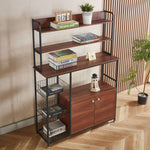 Open shelves and pull-out wire basket on storage rack kitchen shelf
