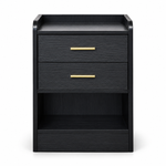 Black bedside table with two drawers, gold handles and open storage shelf