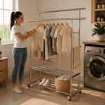 Woman organizing clothes on a Double Rail Clothes Rack with Shoe Shelf in a stylish laundry room.