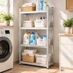 4-tier metal storage rack holding laundry supplies beside washing machine