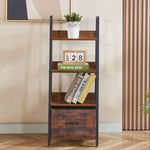 Rustic ladder bookshelf with drawer displaying books and decor