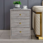 Modern 3-Drawer Side Table BST-01 in grey finish with gold accents and decorative items on top.
