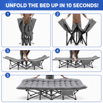 Quick 10-second setup guide for portable folding camping cot with mattress
