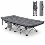 Grey folding camping cot with mattress on white background