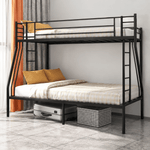 Black triple sleeper bunk bed with dual ladders and under-bed storage space