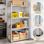 Adjustable metal shelving unit in garage with close-up construction details