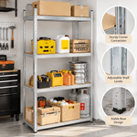 Adjustable metal shelving unit in garage with close-up construction details