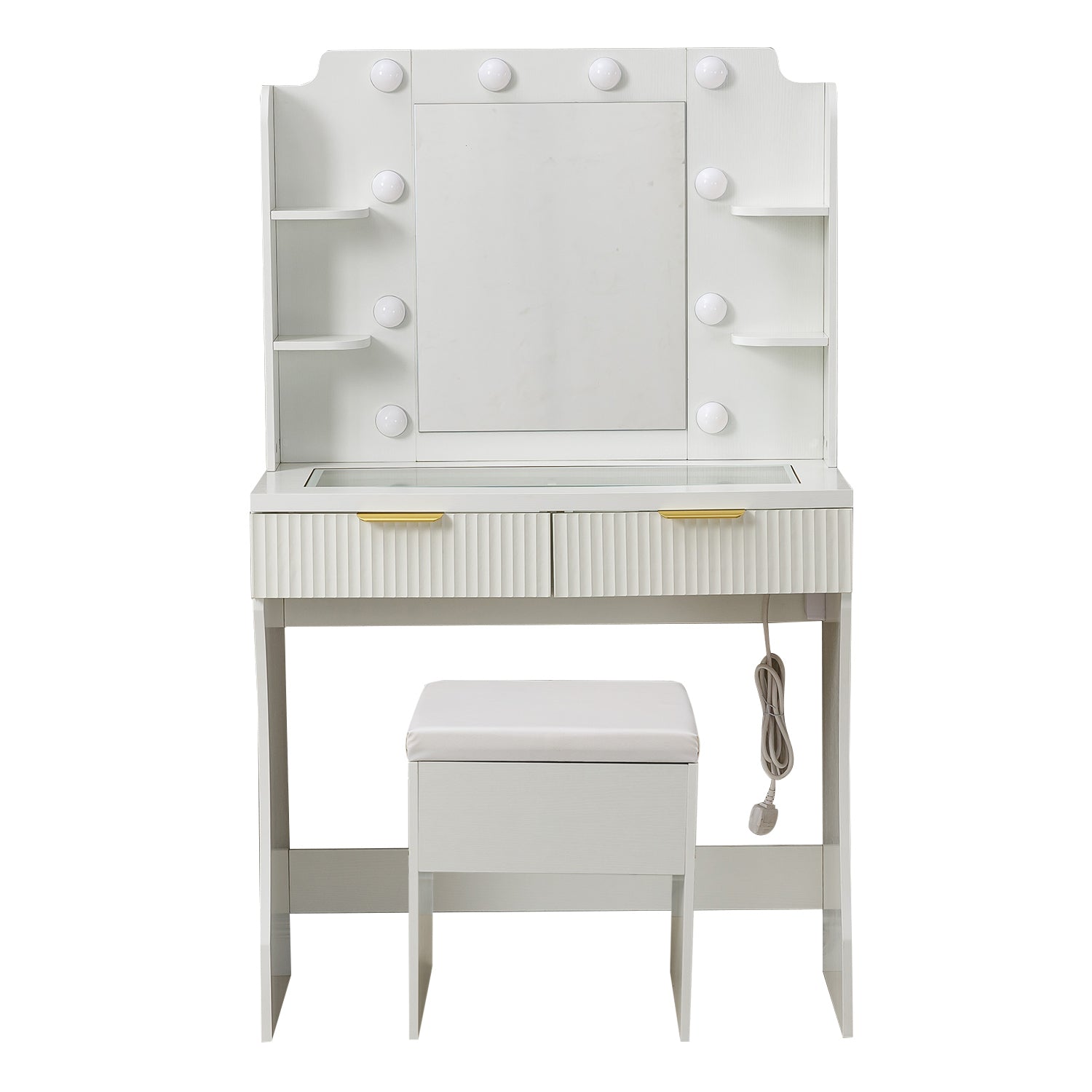 LED Dressing Table with Mirror, charging station, and stool providing a stylish makeup experience.