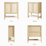 Boho Rattan Storage Cabinet showcasing front, angled, side, and back views for versatile storage solutions.