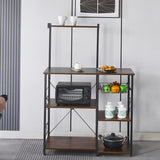 Kitchen Baker's Rack with microwave stand, wire basket, and organized shelves in a modern kitchen setting.