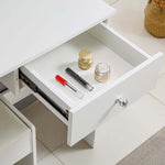 White Dressing Table with LED Mirror drawer open showing beauty products and cosmetics inside.