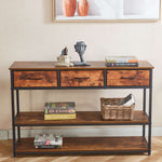 Rustic 3 drawer console table OT-202 with fabric drawers and bottom shelf in a stylish living room setting
