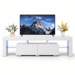 White 160cm LED TV stand with two drawers, glass shelves and blue lighting on a white background
