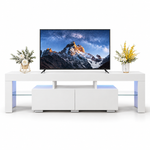 White 160cm LED TV stand with two drawers, glass shelves and blue lighting on a white background