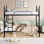 Black metal bunk bed with beige bedding in a room setting.