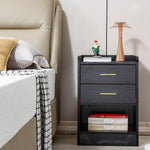 LED nightstand with drawers featuring USB lighting and stylish decor in a modern bedroom setting.