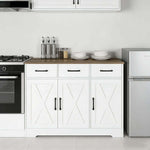 Barn-style kitchen cabinet in kitchen corner next to refrigerator
