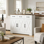 Barn-style kitchen cabinet as living room sideboard with sofa and decor