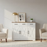 Barn-style kitchen cabinet dining room buffet with pampas grass vase
