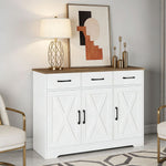Barn-style kitchen cabinet styled in modern living room with gold lamp and art